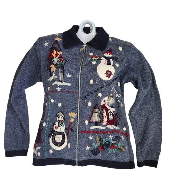 VTG Festive BP Design Embroidered Patchwork Blue Heather Zip Christmas Sweater M - Picture 15 of 15